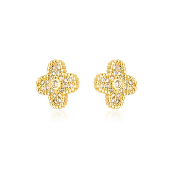 Brinco Trevo Cravejado Luxo Banhado a Ouro 18K - Liven Semijoias
