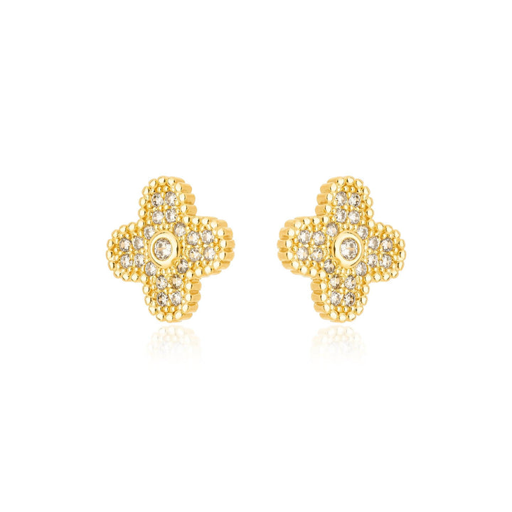 Brinco Trevo Cravejado Luxo Banhado a Ouro 18K - Liven Semijoias