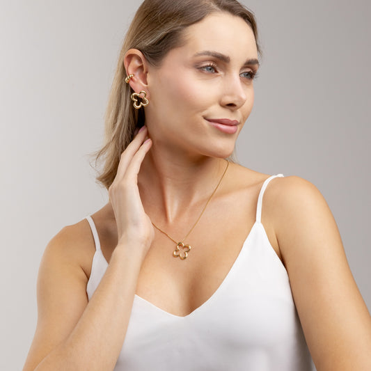 Conjunto Corrente Veneziana Com Pingente Trevo e Brinco Banhado a Ouro 18K