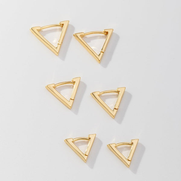 Brinco Trio Argola Click Triângulo Fino Liso Banhado a Ouro 18K
