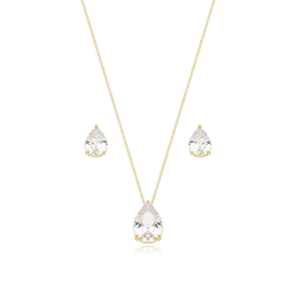 Conjunto Veneziana Com Pingente + Brinco Gota Cristal Banhado a Ouro 18K - Liven Semijoias