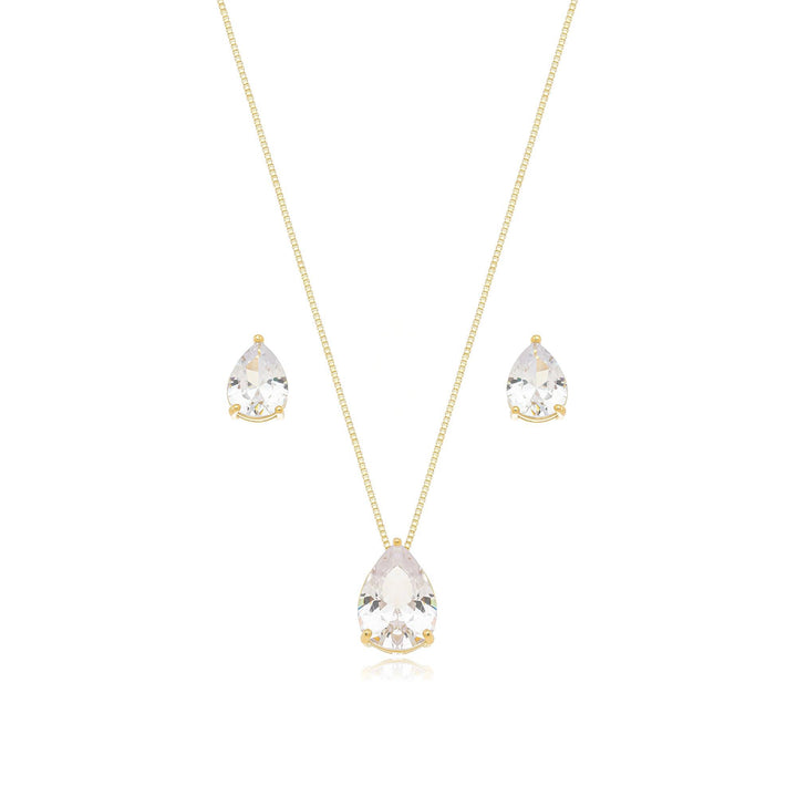 Conjunto Veneziana Com Pingente + Brinco Gota Cristal Banhado a Ouro 18K - Liven Semijoias
