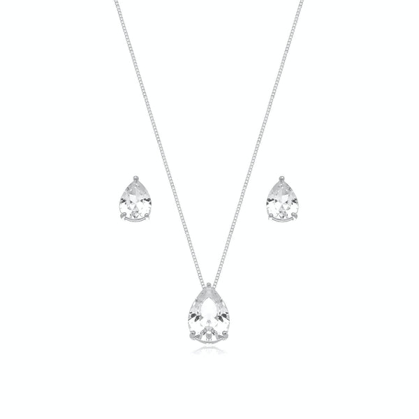 Conjunto Veneziana Com Pingente + Brinco Gota Cristal Banhado a Ródio - Liven Semijoias