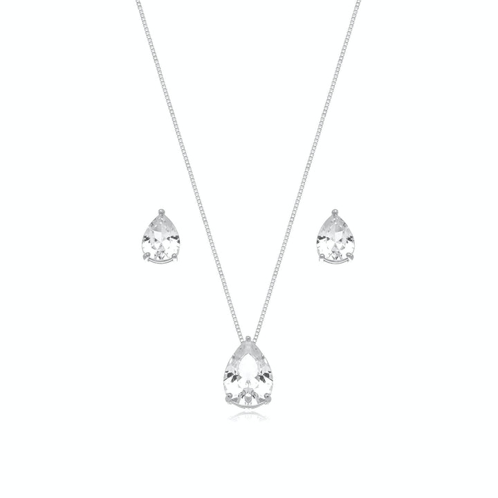 Conjunto Veneziana Com Pingente + Brinco Gota Cristal Banhado a Ródio - Liven Semijoias