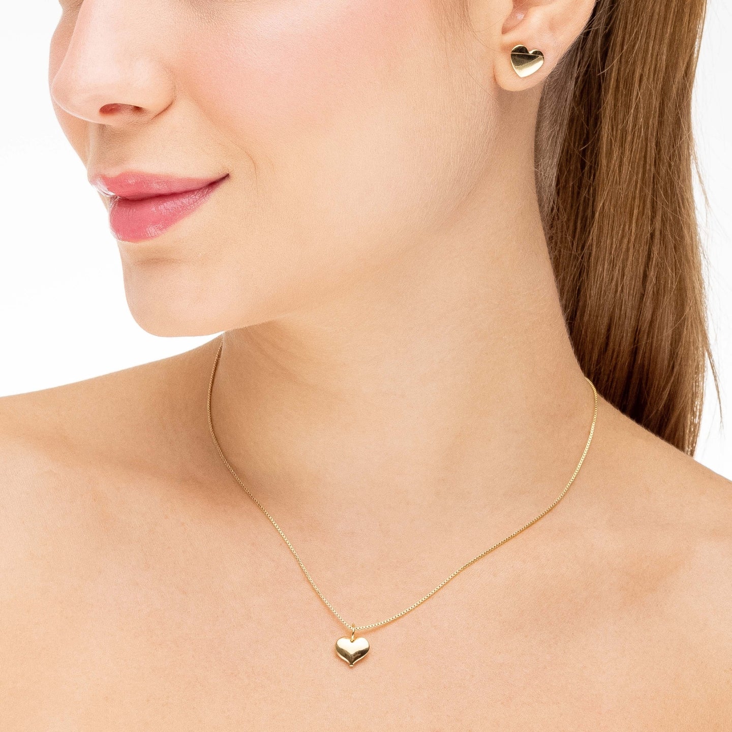 Conjunto Corrente Veneziana 45cm Com Pingente Coração Liso e Brinco Banhado a Ouro 18K