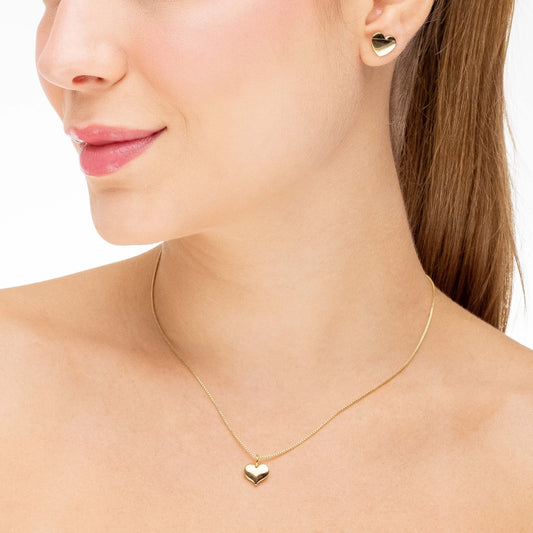 Conjunto Corrente Veneziana 45cm Com Pingente Coração Liso e Brinco Banhado a Ouro 18K