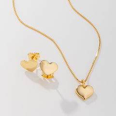 Conjunto Corrente Veneziana 45cm Com Pingente Coração Liso e Brinco Banhado a Ouro 18K