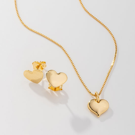 Conjunto Corrente Veneziana 45cm Com Pingente Coração Liso e Brinco Banhado a Ouro 18K