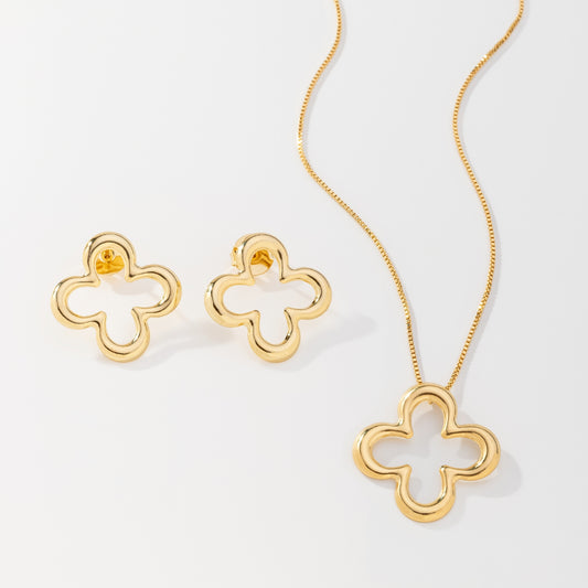 Conjunto Corrente Veneziana Com Pingente Trevo e Brinco Banhado a Ouro 18K