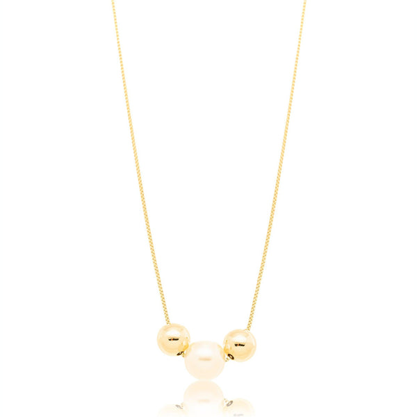 Colar Veneziana 45cm Pérola 10mm e Bolinhas Banhado a Ouro 18K