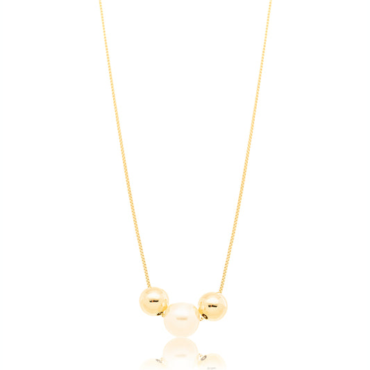 Colar Veneziana 45cm Pérola 10mm e Bolinhas Banhado a Ouro 18K