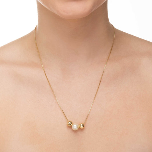 Colar Veneziana 45cm Pérola 10mm e Bolinhas Banhado a Ouro 18K