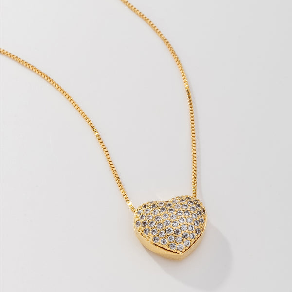 Colar Veneziana Pingente Coração Cravejado Banho Ouro 18k