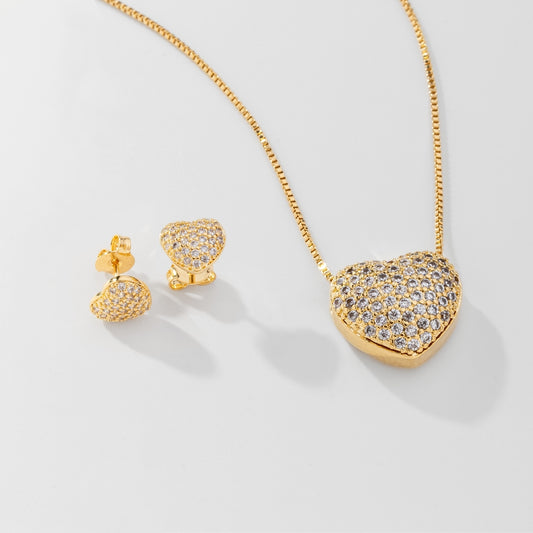 Conjunto Corrente Veneziana Pingente Coração Cravejado e Brinco Banhado a Ouro 18K