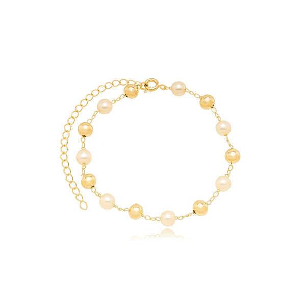 Pulseira Corrente 17cm Com Bola e Pérola 6mm Banhado a Ouro 18K - Liven Semijoias